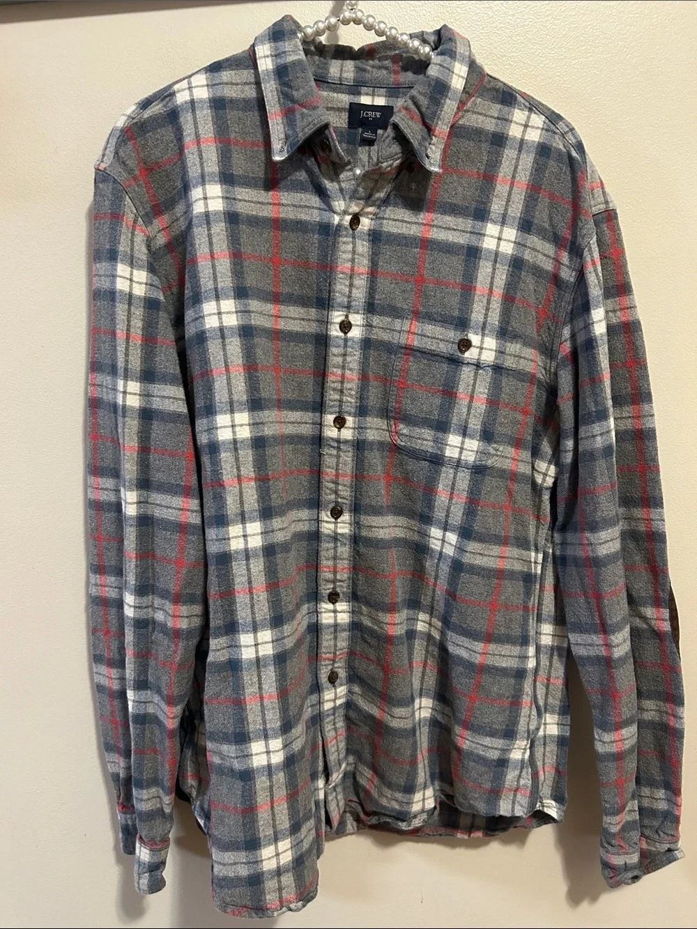 J. Crew Flannel Shirt Mens L Gray Plaid Elbow Patch 100% Cotton Long Sleeve
